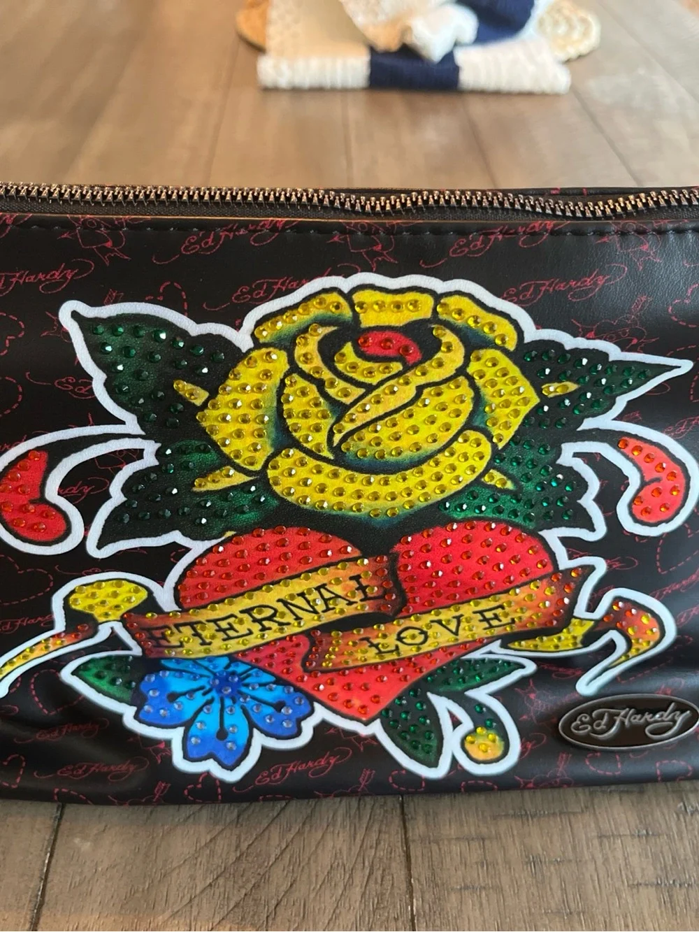 Ed Hardy Black Cosmetic Case with Multicolored Studded Tattoo Motif